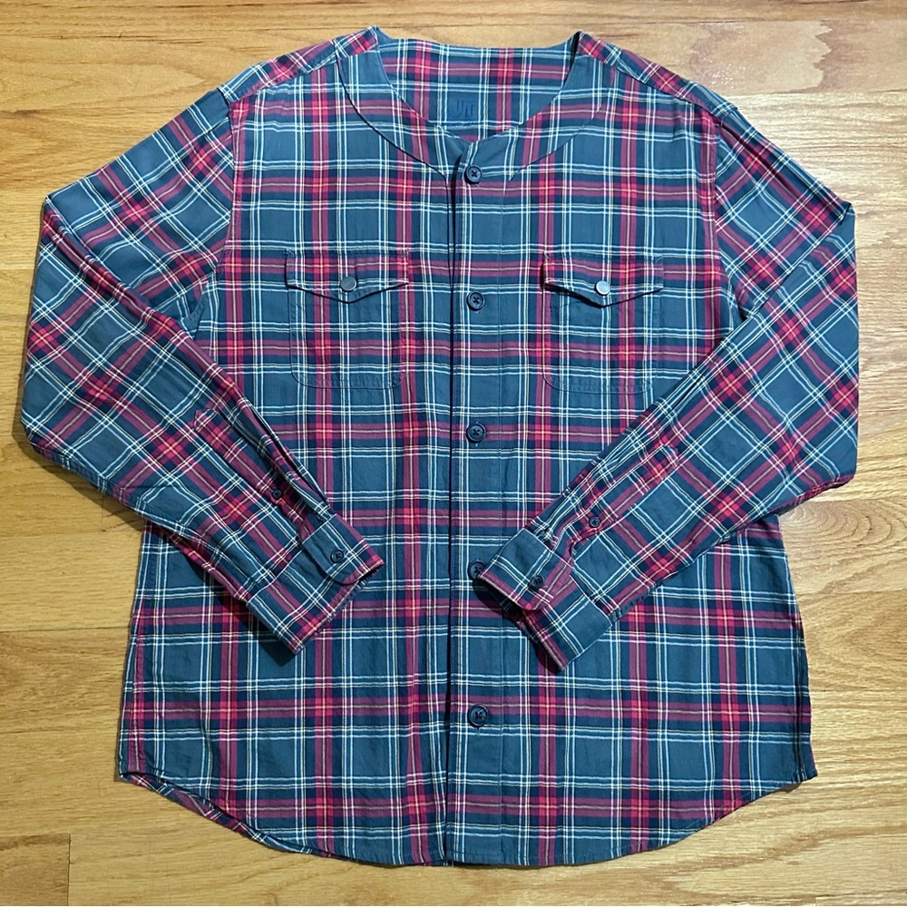 Men's Red and Grey Plaid Baseball Shirt